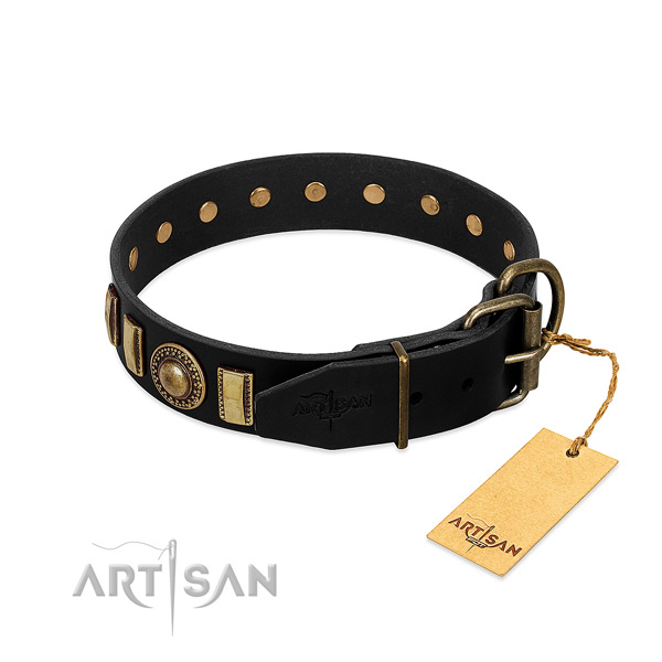 Flexible full grain genuine leather dog collar with studs