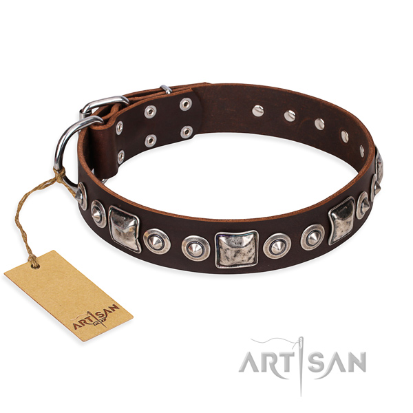 Natural genuine leather dog collar made of soft to touch material with rust-proof buckle