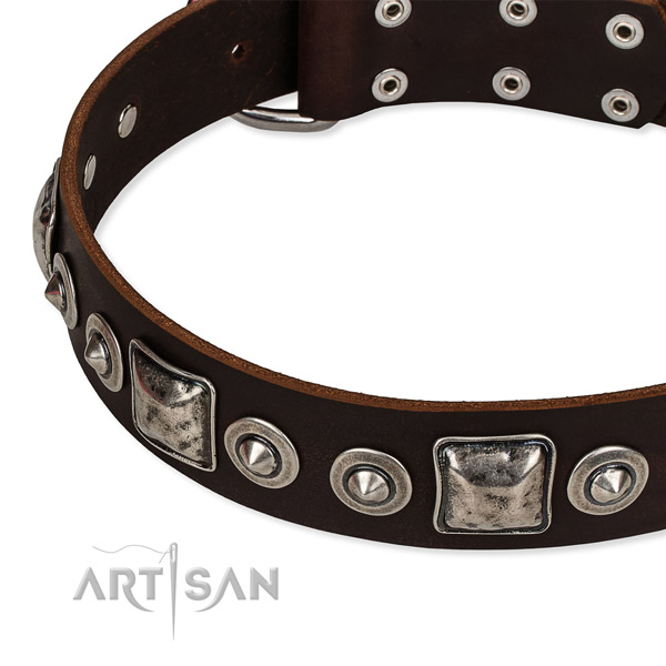 Full grain genuine leather dog collar made of soft material with embellishments