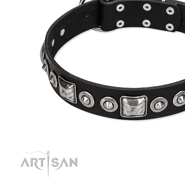 Leather dog collar made of soft to touch material with studs