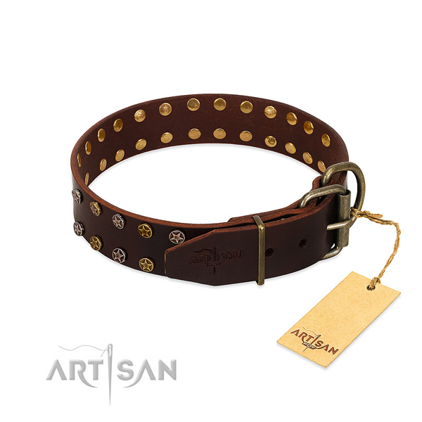 Daily walking full grain genuine leather dog collar with incredible decorations