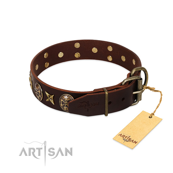Genuine leather dog collar with strong D-ring and decorations