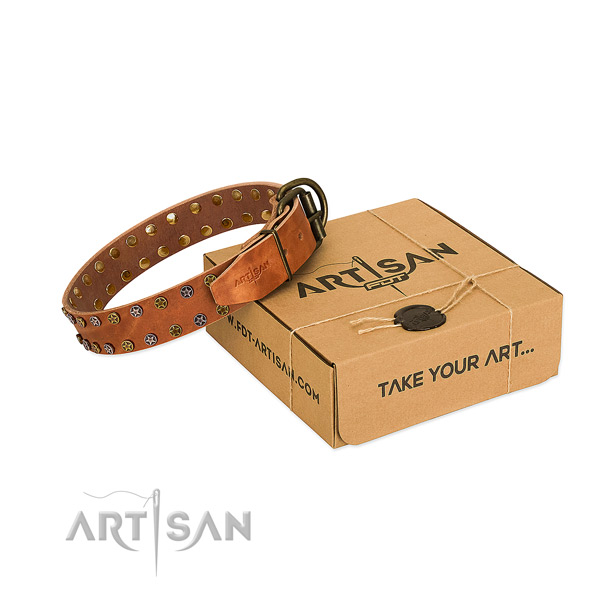 Easy wearing soft to touch full grain natural leather dog collar with studs