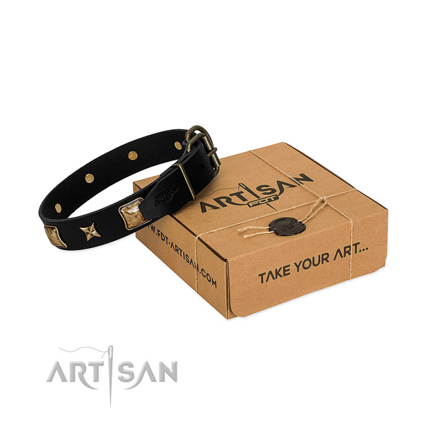 Reliable hardware on natural genuine leather dog collar for comfortable wearing