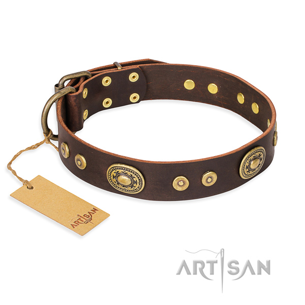 Full grain leather dog collar made of gentle to touch material with durable buckle