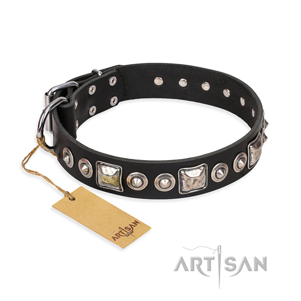 Full grain natural leather dog collar made of top notch material with strong fittings