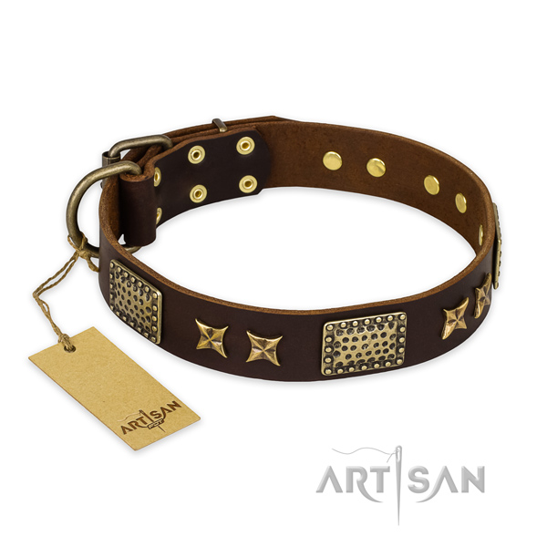 Decorated genuine leather dog collar with rust-proof hardware