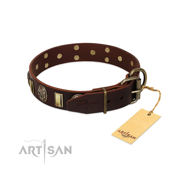Full grain genuine leather dog collar with rust-proof traditional buckle and decorations