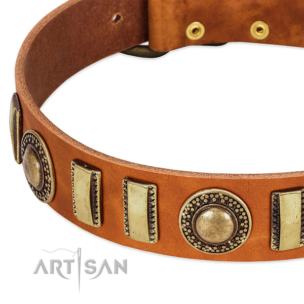 Flexible genuine leather dog collar with durable traditional buckle