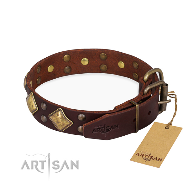 Full grain leather dog collar with exquisite corrosion resistant decorations