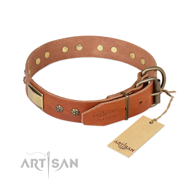Leather dog collar with corrosion resistant fittings and adornments