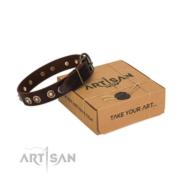 Rust resistant D-ring on natural genuine leather dog collar for your doggie