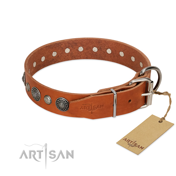 Top notch Full grain natural leather dog collar with corrosion resistant D-ring