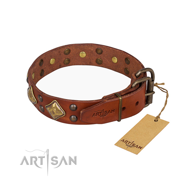 Genuine leather dog collar with stylish design rust resistant decorations