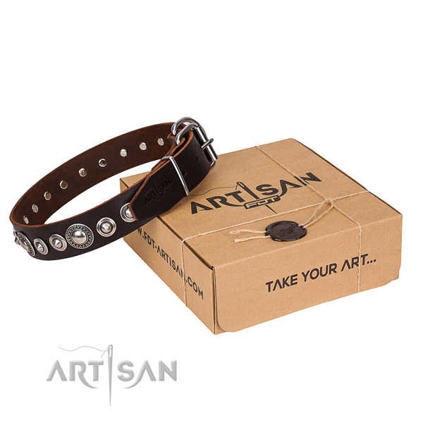 Full grain leather dog collar made of gentle to touch material with corrosion proof fittings