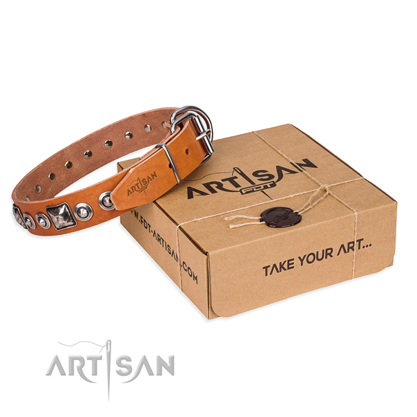 Natural genuine leather dog collar made of reliable material with corrosion proof D-ring