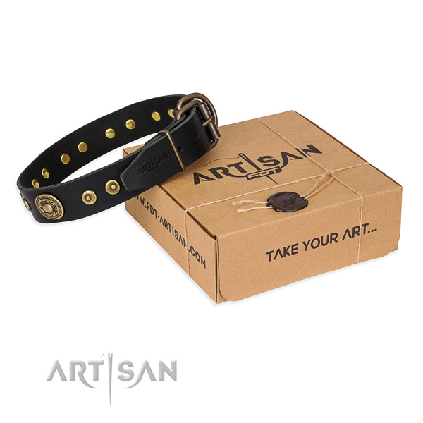 Natural genuine leather dog collar made of soft to touch material with corrosion proof D-ring