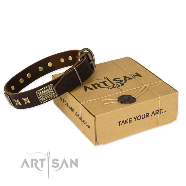 Reliable buckle on full grain genuine leather collar for your attractive doggie