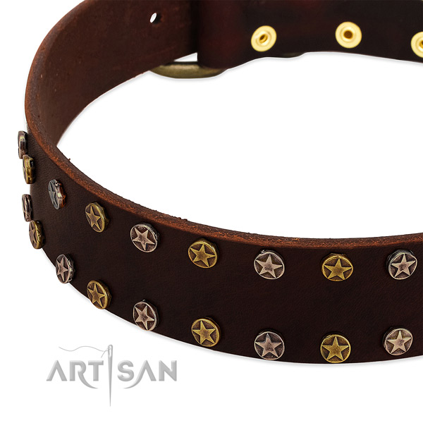 Comfortable wearing full grain natural leather dog collar with exquisite adornments