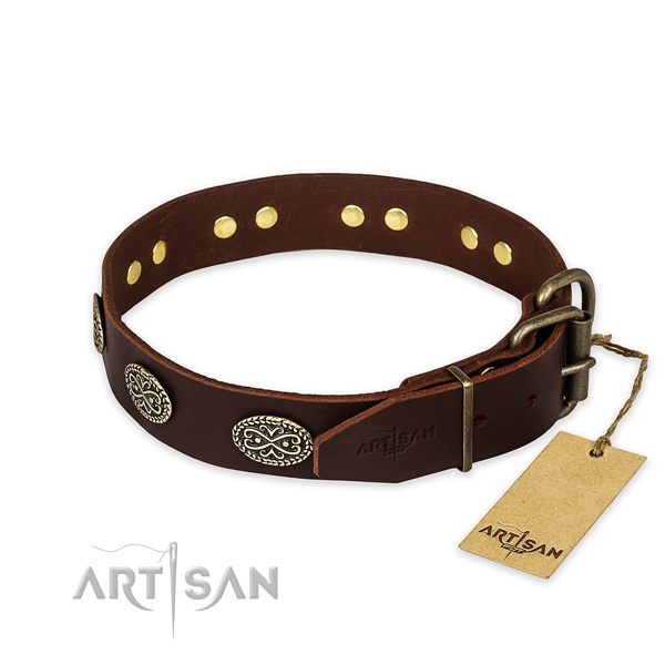 Corrosion proof hardware on full grain natural leather collar for your impressive four-legged friend