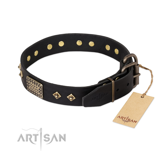 Genuine leather dog collar with rust-proof D-ring and studs