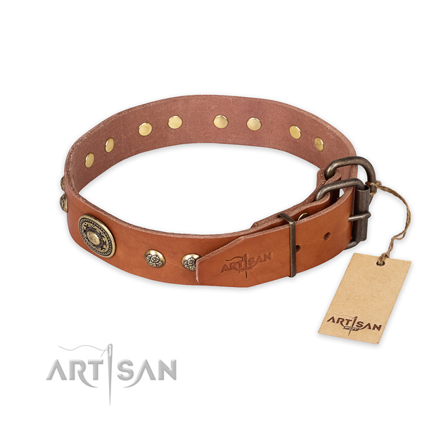 Durable fittings on full grain natural leather collar for daily walking your doggie