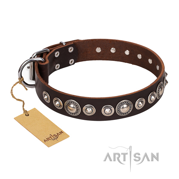 Full grain genuine leather dog collar made of high quality material with reliable embellishments