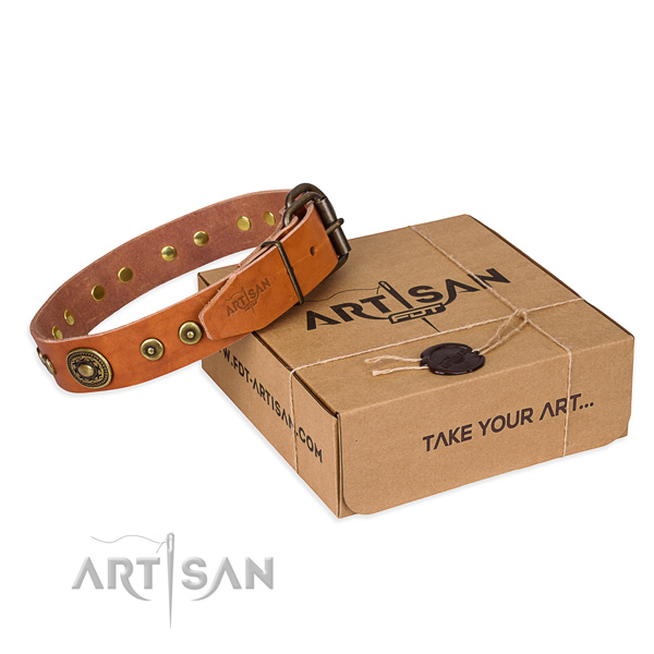 Natural genuine leather dog collar made of quality material with durable traditional buckle