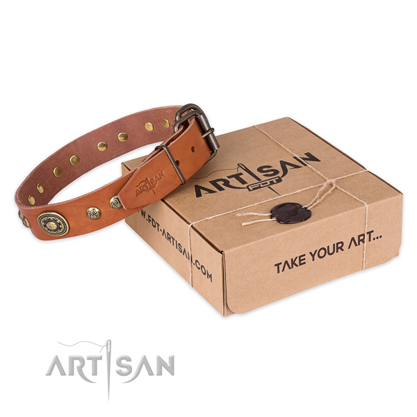 Rust resistant buckle on full grain natural leather dog collar for easy wearing