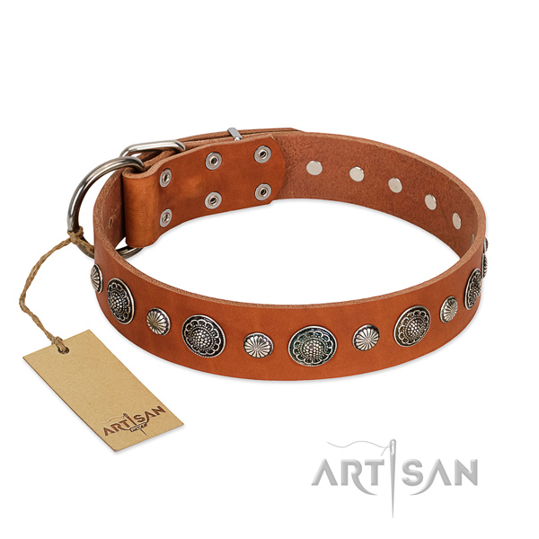 Soft full grain genuine leather dog collar with corrosion resistant fittings