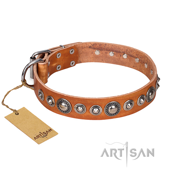 Genuine leather dog collar made of flexible material with corrosion proof buckle