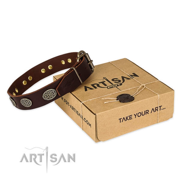 Strong hardware on full grain leather collar for your lovely dog