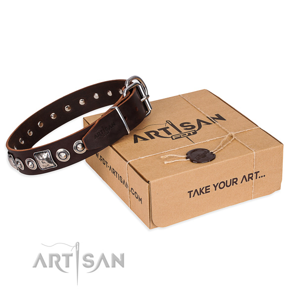 Full grain genuine leather dog collar made of high quality material with strong hardware