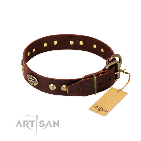 Rust resistant D-ring on full grain leather dog collar for your canine