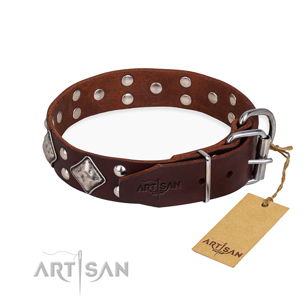 Natural leather dog collar with impressive reliable decorations