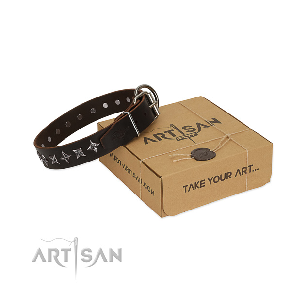 Everyday use dog collar of strong full grain genuine leather with embellishments