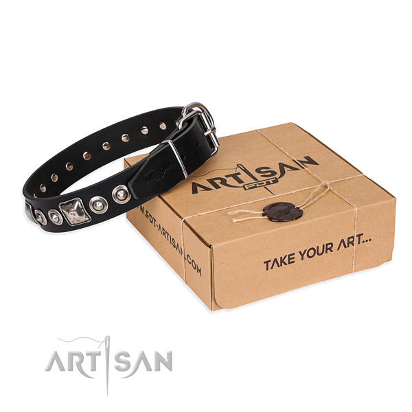 Full grain genuine leather dog collar made of soft to touch material with durable hardware