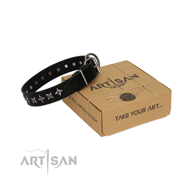 Easy wearing dog collar of fine quality genuine leather with adornments