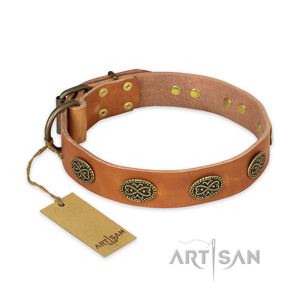 Adjustable full grain genuine leather dog collar with corrosion resistant traditional buckle
