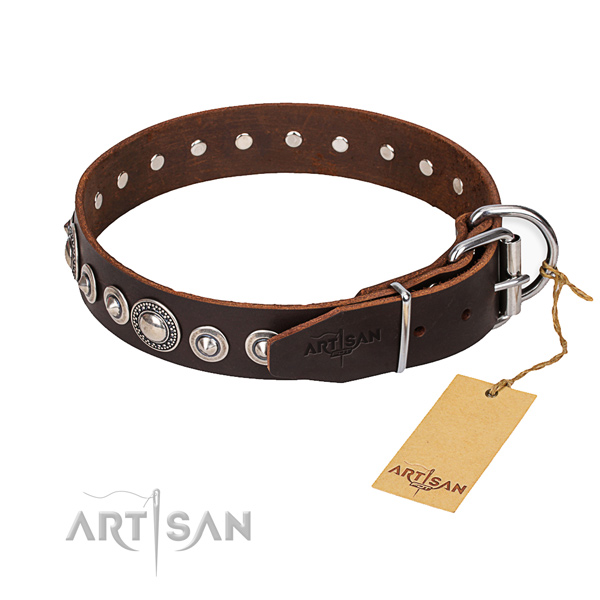 Natural genuine leather dog collar made of soft to touch material with rust-proof traditional buckle