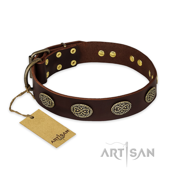 Decorated natural genuine leather dog collar with strong fittings