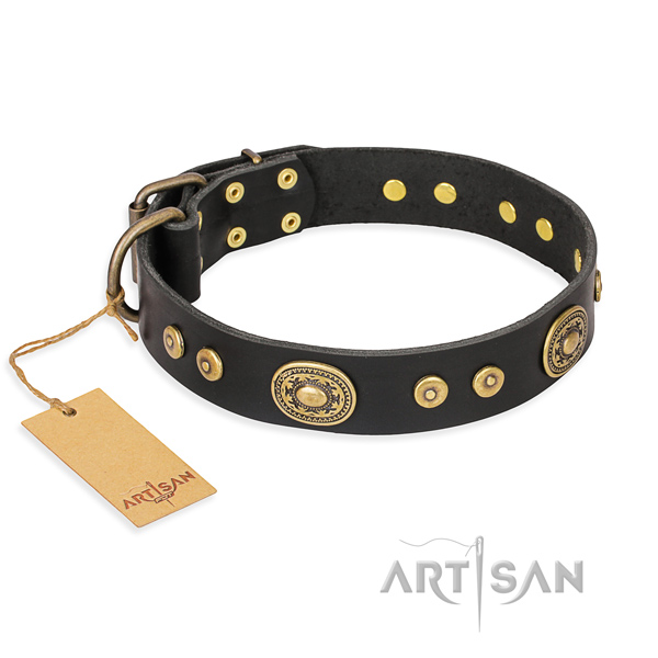 Full grain leather dog collar made of quality material with rust resistant D-ring