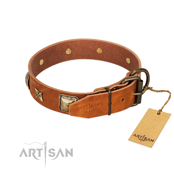 Natural genuine leather dog collar with rust resistant fittings and decorations
