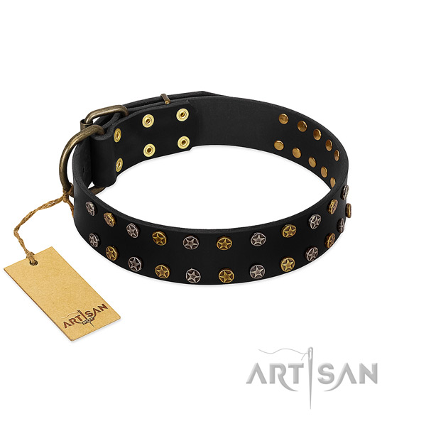 Trendy natural leather dog collar with corrosion proof decorations