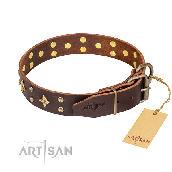 Daily use natural genuine leather collar with adornments for your pet