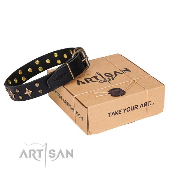 Adorned full grain genuine leather dog collar for comfy wearing