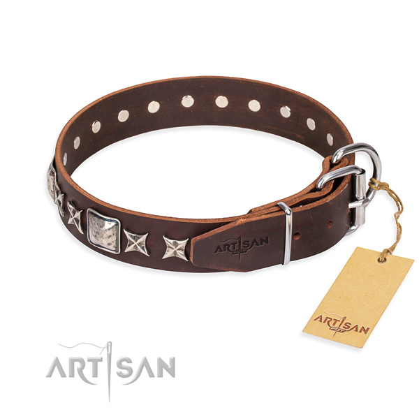 Handy use full grain leather collar with decorations for your dog