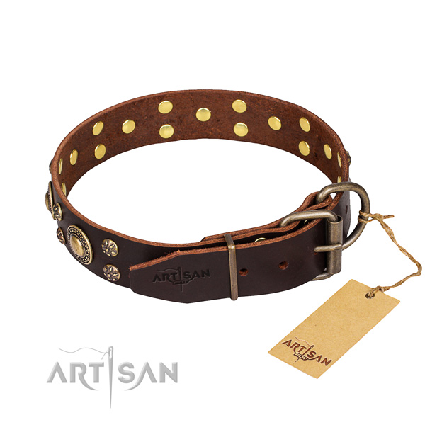 Handy use natural genuine leather collar with embellishments for your dog