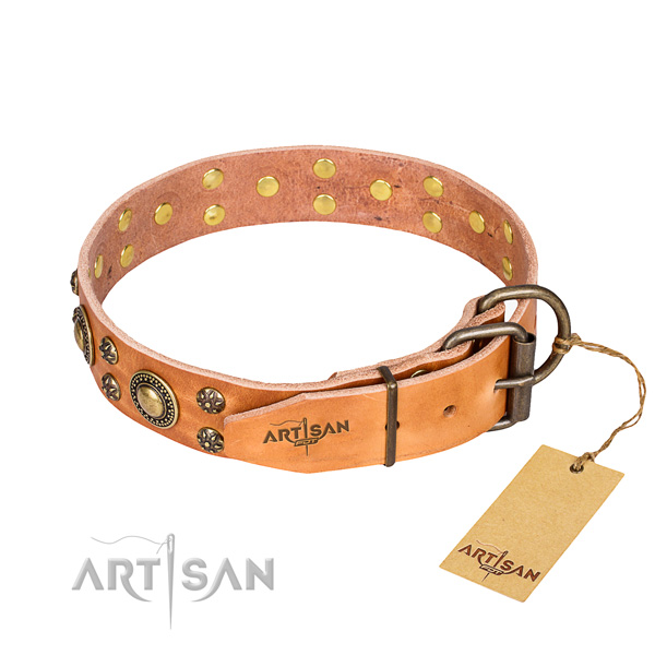 Stylish walking natural genuine leather collar with decorations for your doggie
