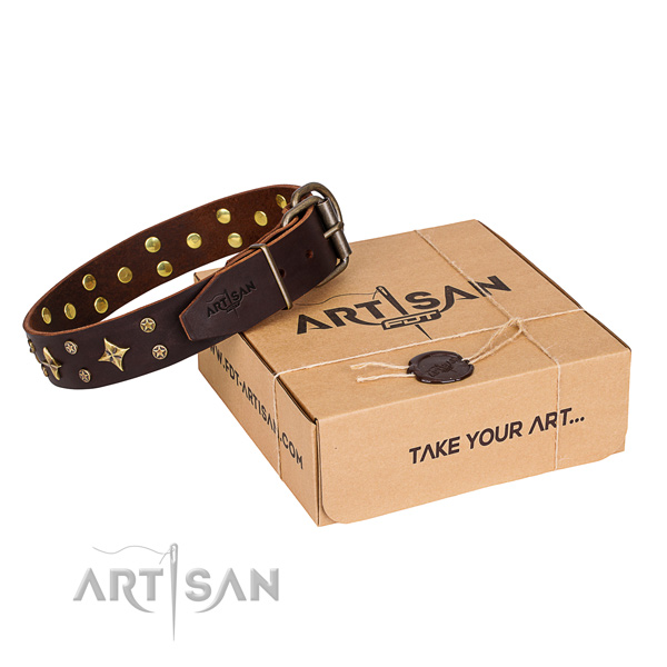 Decorated full grain genuine leather dog collar for easy wearing
